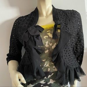 Black cropped bolero jacket with ruffle trim